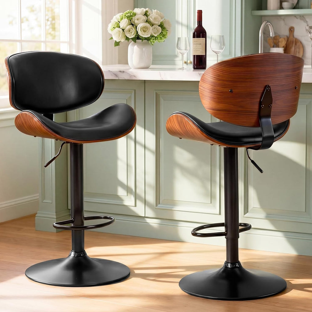 Black Adjustable Bentwood Swivel Bar Stools Set of 2