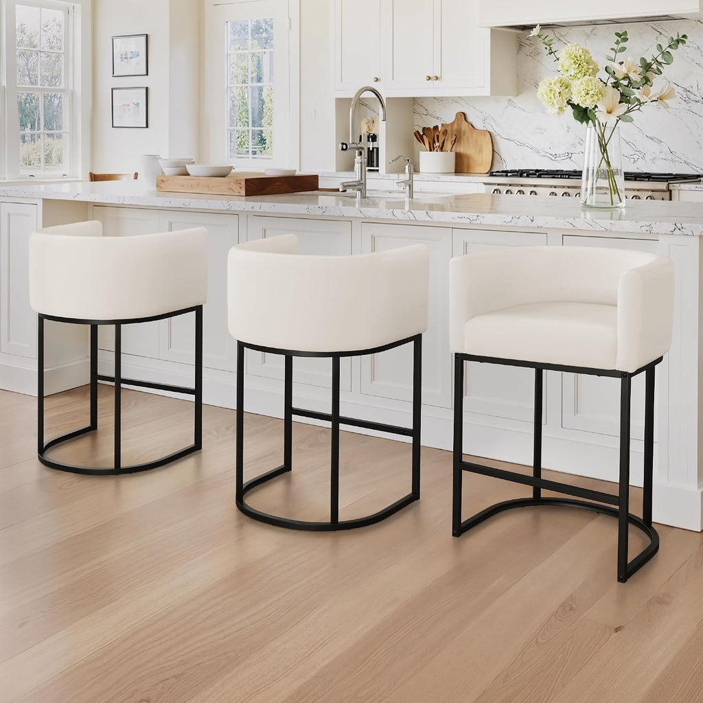 Beige Linen Barrel Counter Stools Set of 3