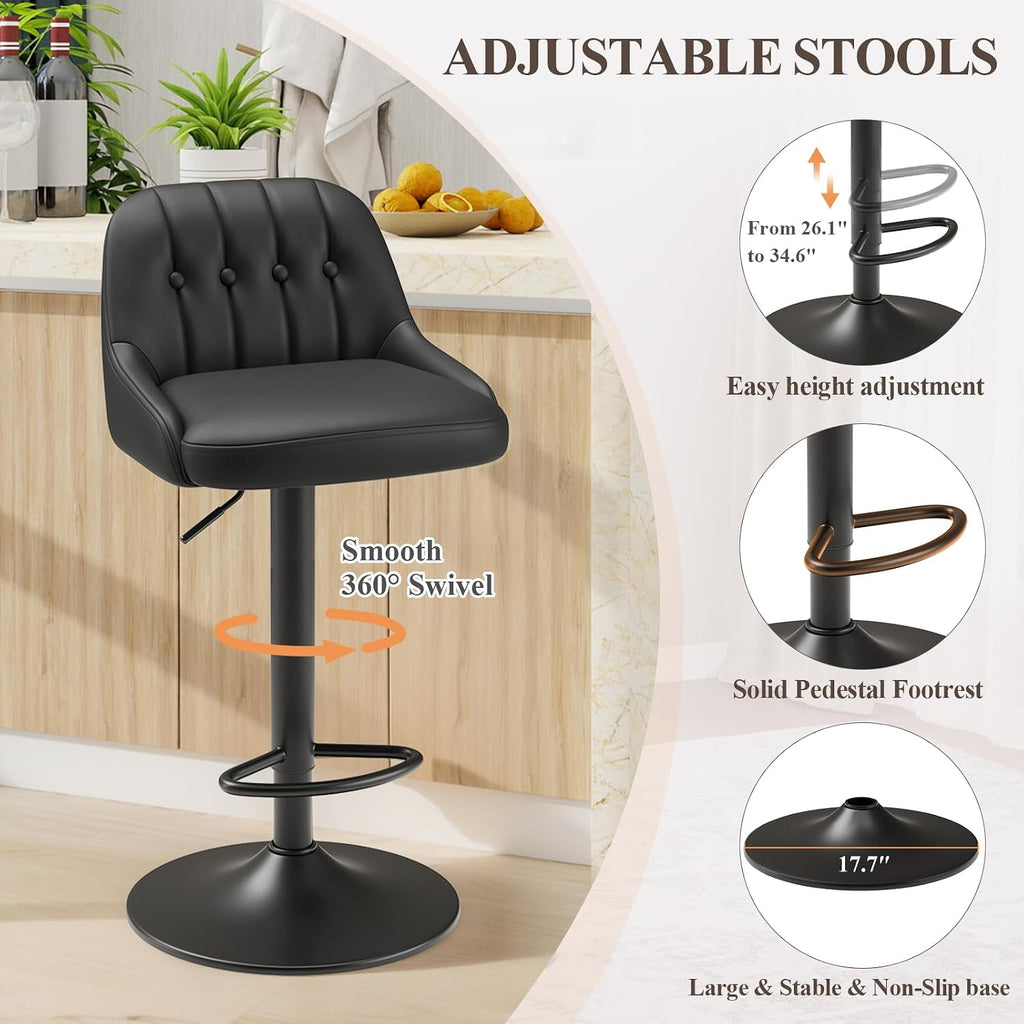 Black Tufted Adjustable Swivel Bar Stools Set of 3