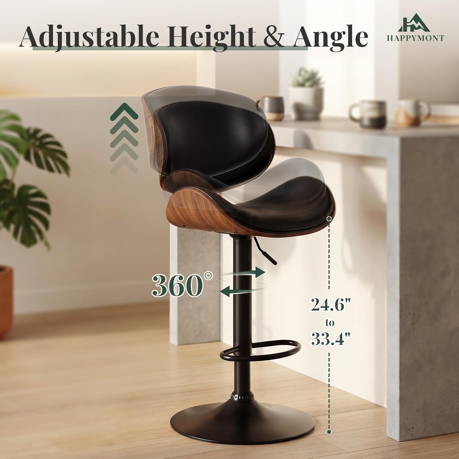 Adjustable Bentwood PU Bar Stools Set of 4