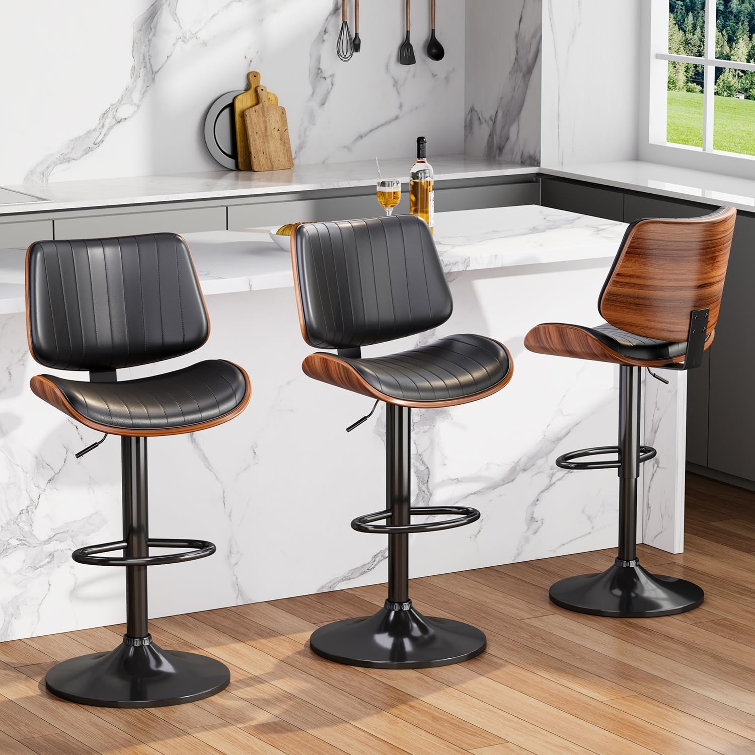 Black Adjustable Bentwood PU Bar Stools Set of 2