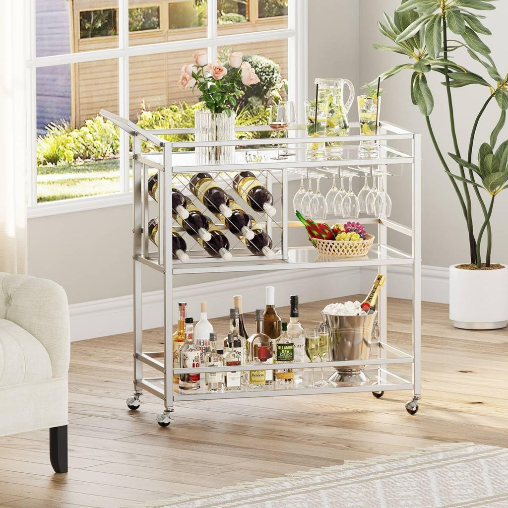 Silver Mirrored 3-Tier Rolling Bar Cart