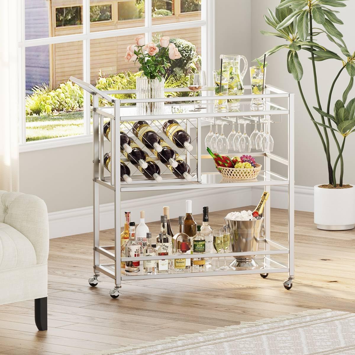 Silver Mirrored 3-Tier Rolling Bar Cart