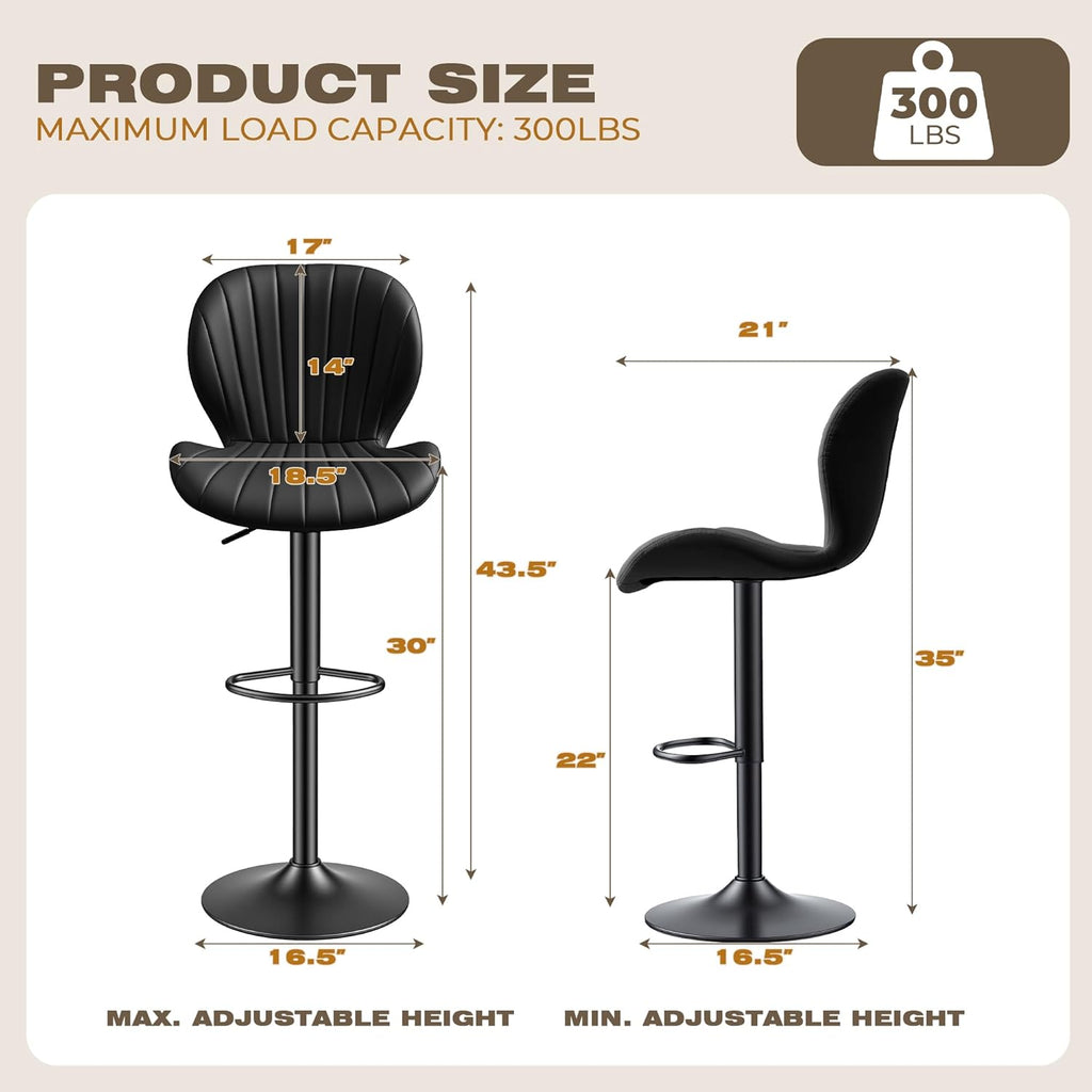 Black Adjustable Swivel Faux Leather Bar Stools Set of 2
