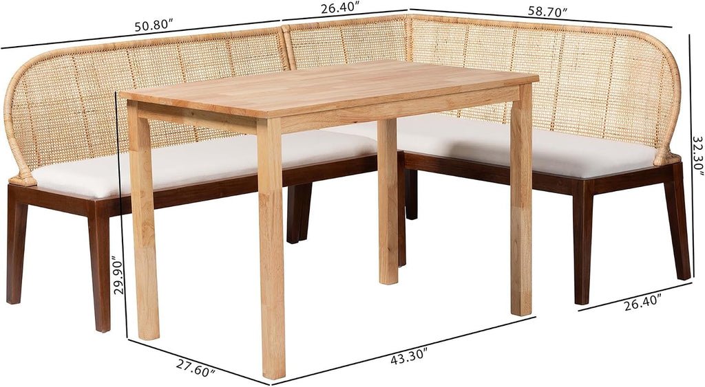 Boho Rattan 3pc Dining Nook Set
