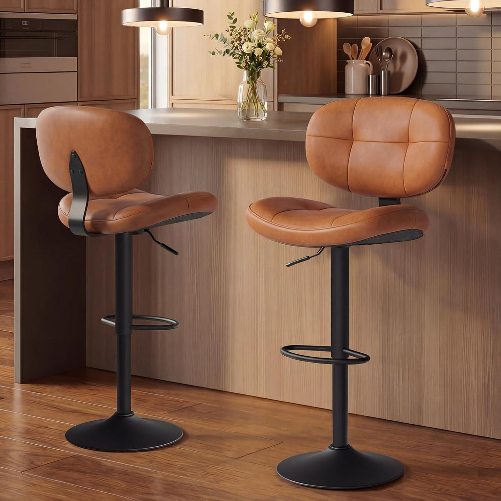 Caramel Brown Adjustable Swivel PU Bar Stools Set of 2