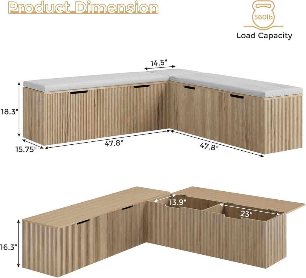 Natural Oak L-Shaped Storage Dining Bench