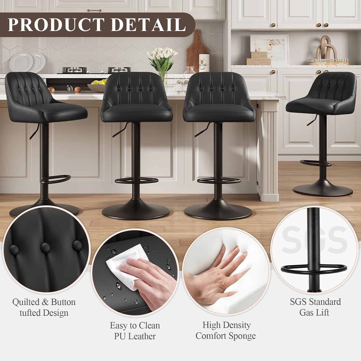 Black Tufted Adjustable Swivel Bar Stools Set of 3