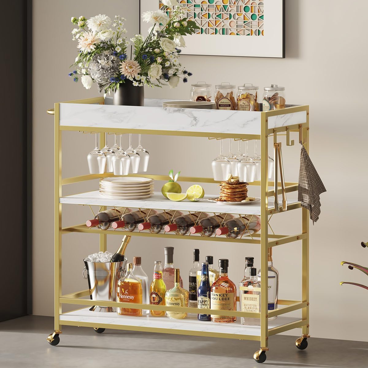 Gold Marbleized White 3-Tier Rolling Bar Cart