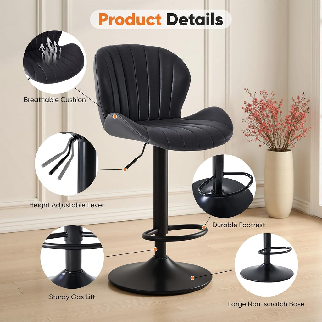 Black Adjustable Swivel Fabric Bar Stools Set of 4