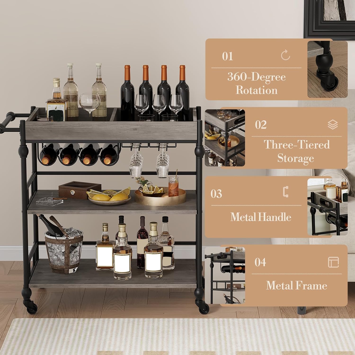 Grey Rolling 3-Tier Bar Cart