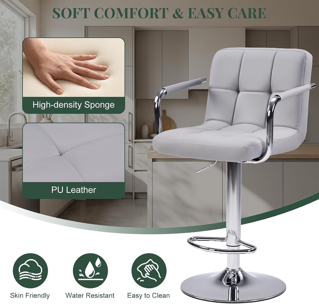 Grey Adjustable Swivel Armrest Bar Stools Set of 4