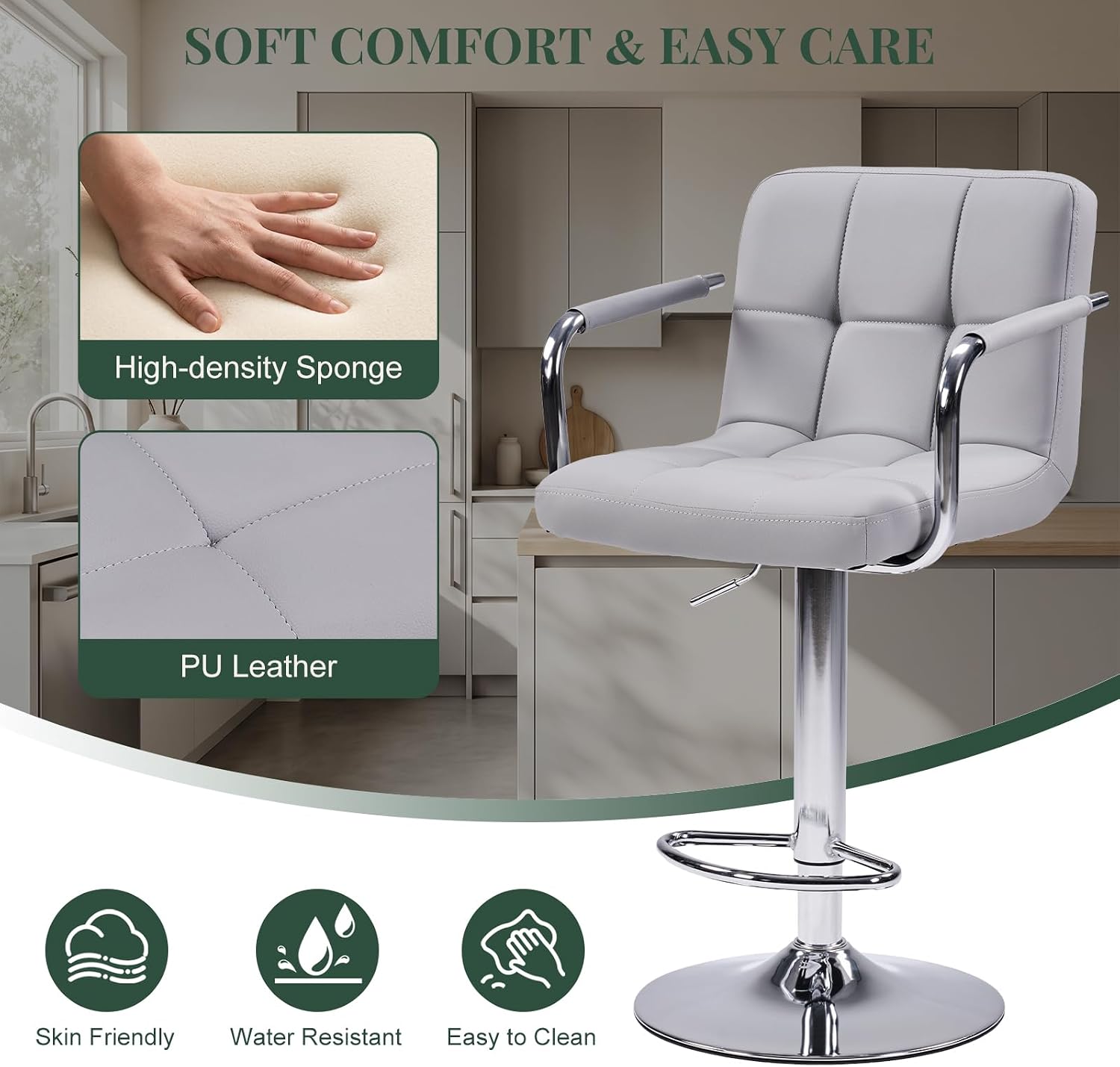 Grey Adjustable Swivel Armrest Bar Stools Set of 4