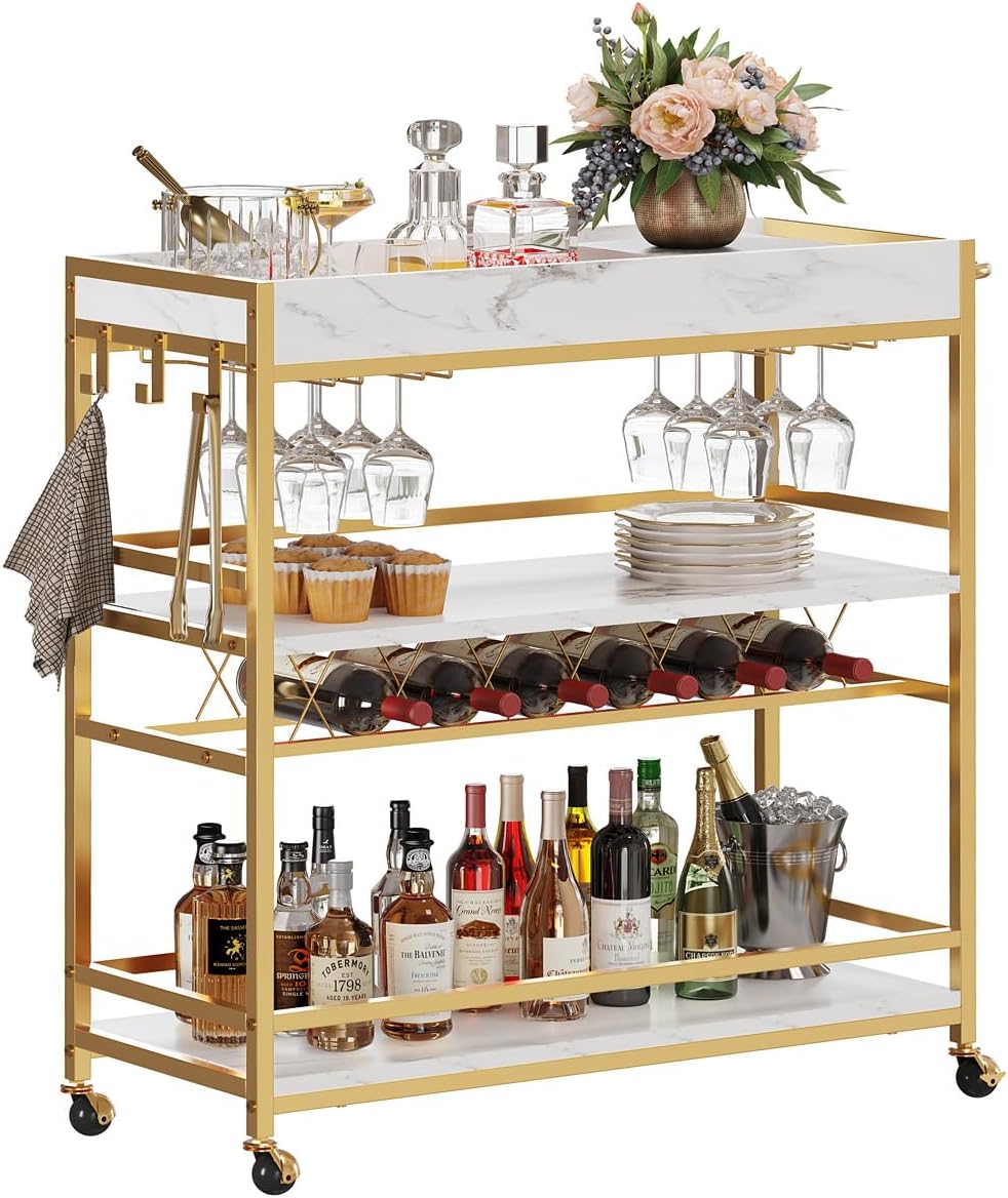 Gold Marbleized White 3-Tier Rolling Bar Cart