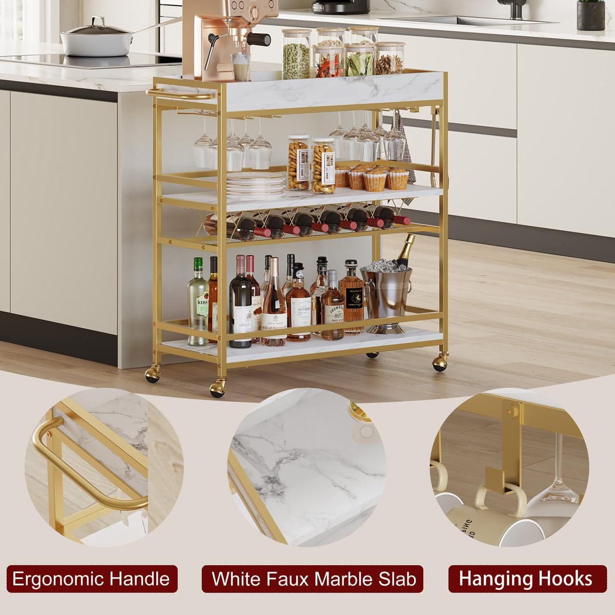 Gold Marbleized White 3-Tier Rolling Bar Cart