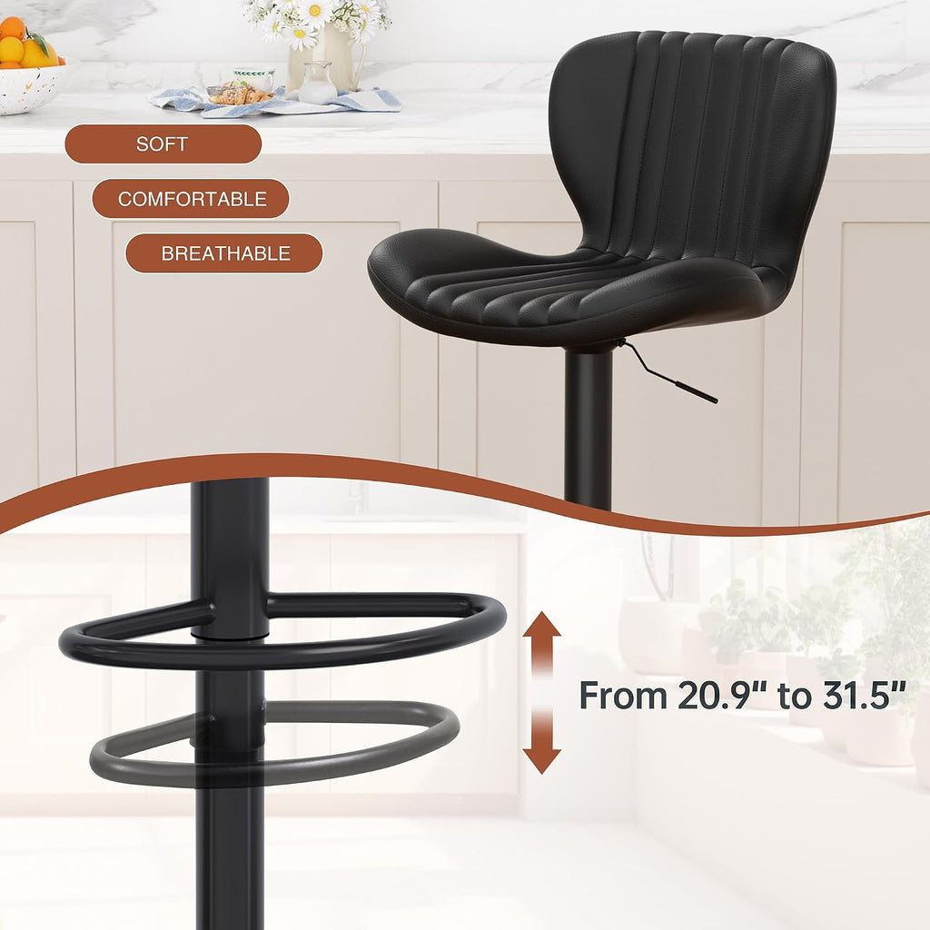 Black Adjustable Leather Bar Stools Set of 2