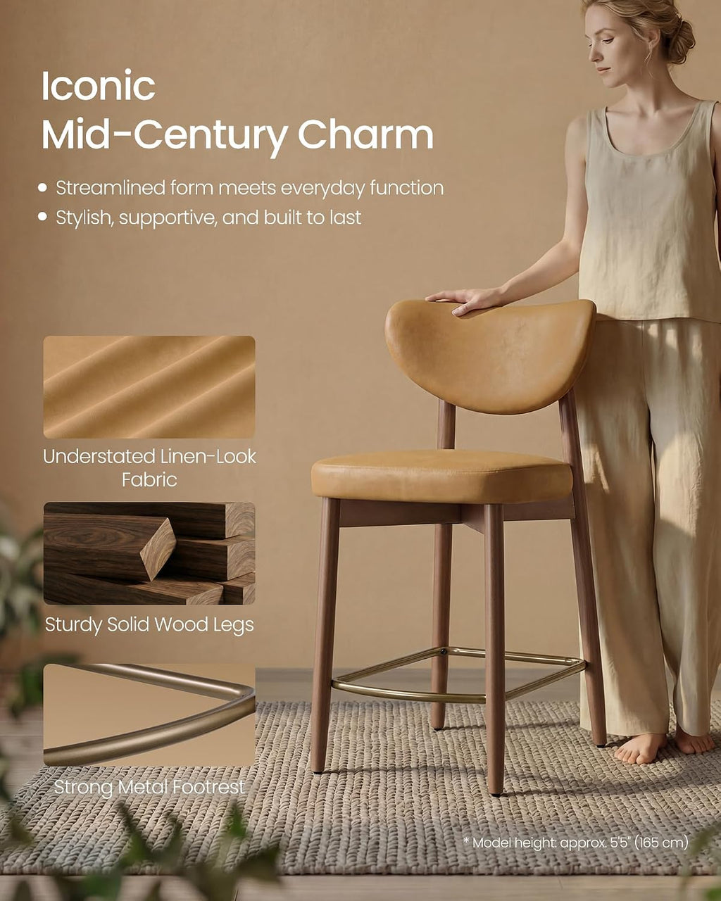 Caramel Brown Faux Leather Counter Bar Stools Set of 2