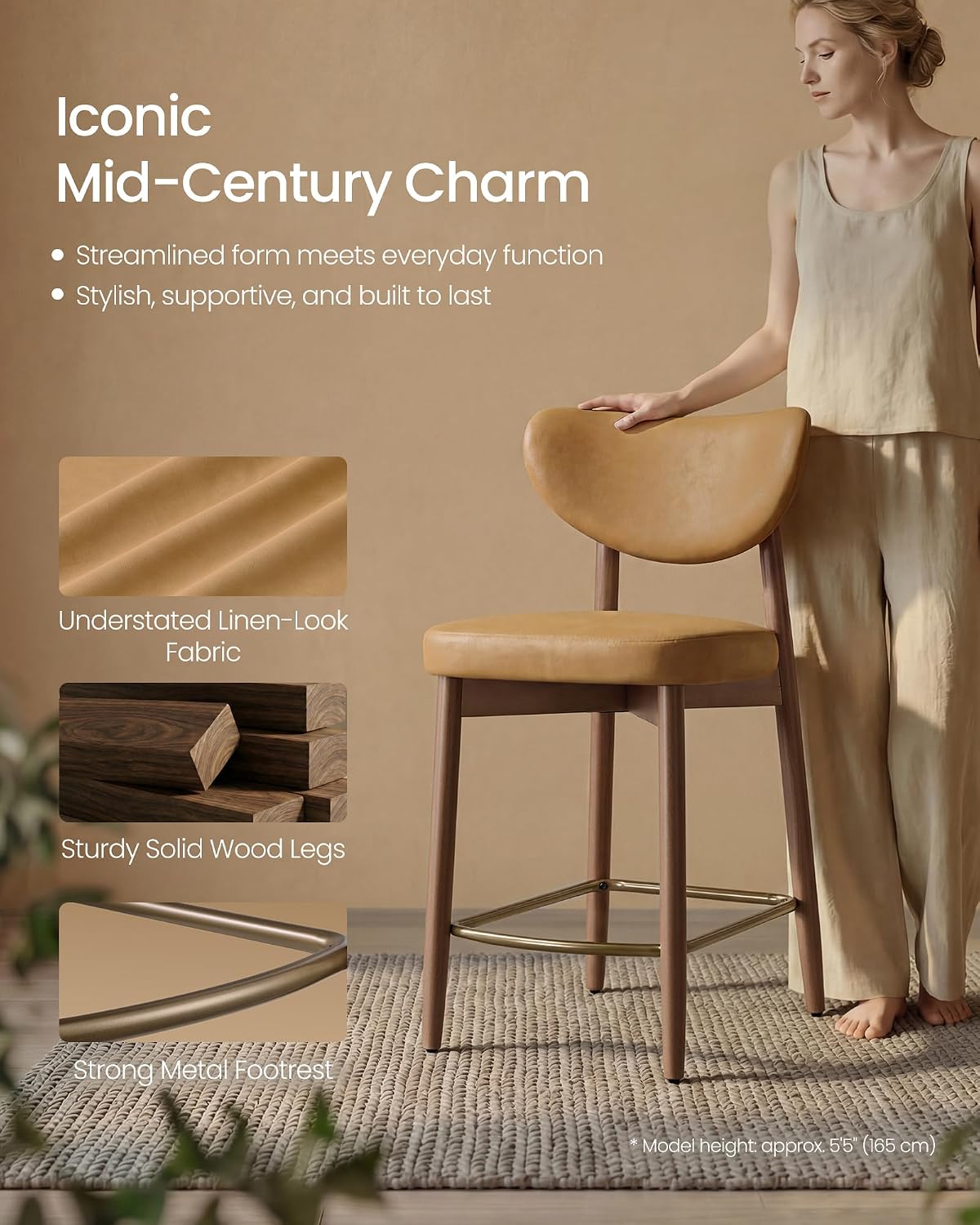 Caramel Brown Faux Leather Counter Bar Stools Set of 2