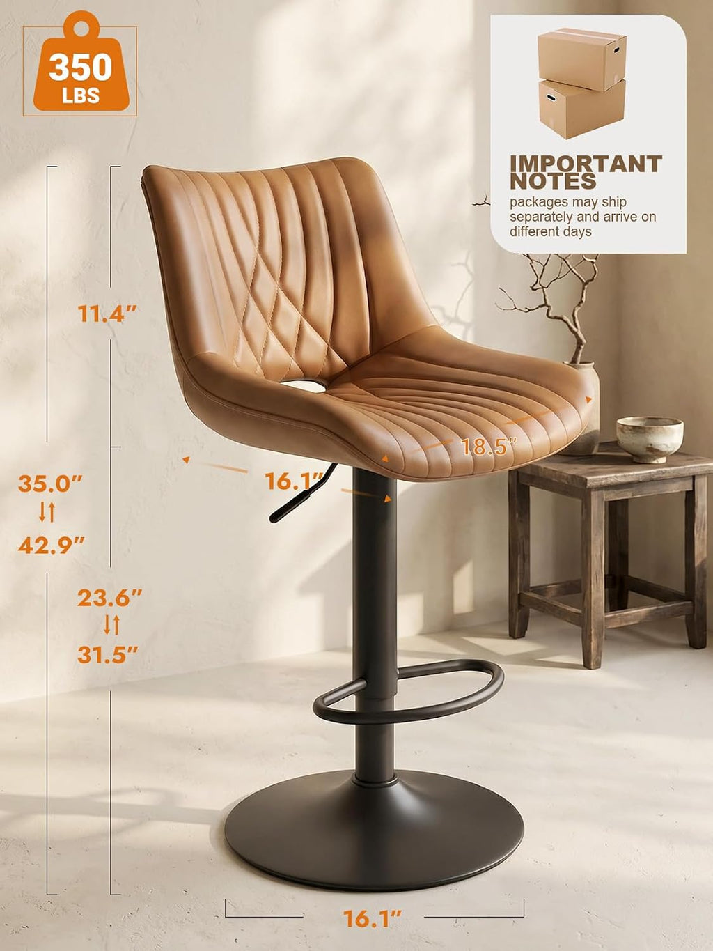 Walnut Brown Adjustable PU Bar Stools Set of 2
