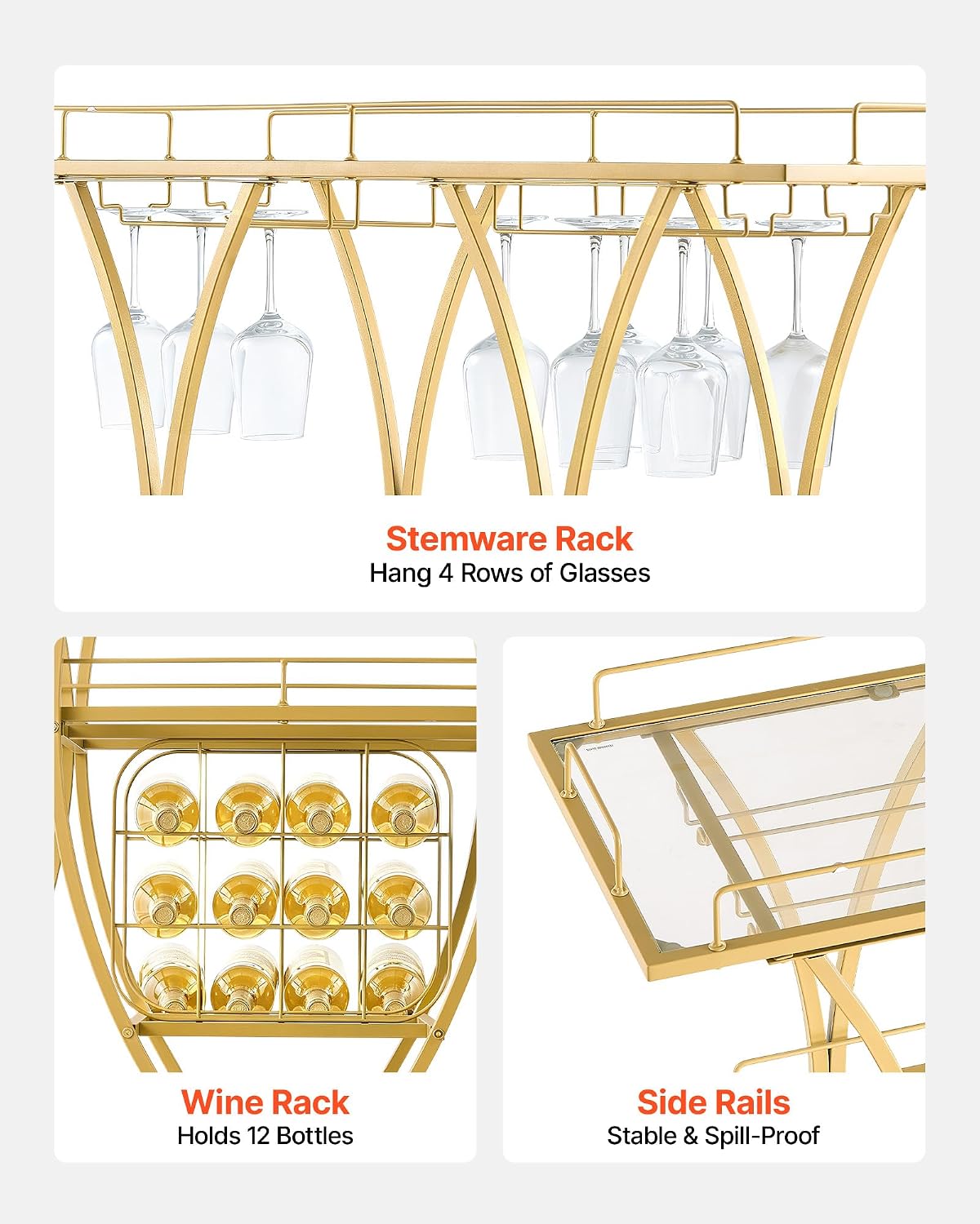 Gold Glass Rolling 3-Tier Bar Cart