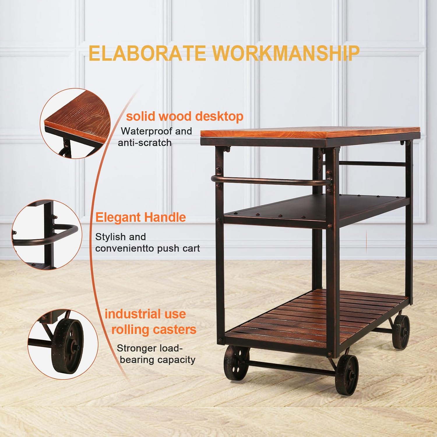 Farmhouse 3-Tier Rolling Utility Cart