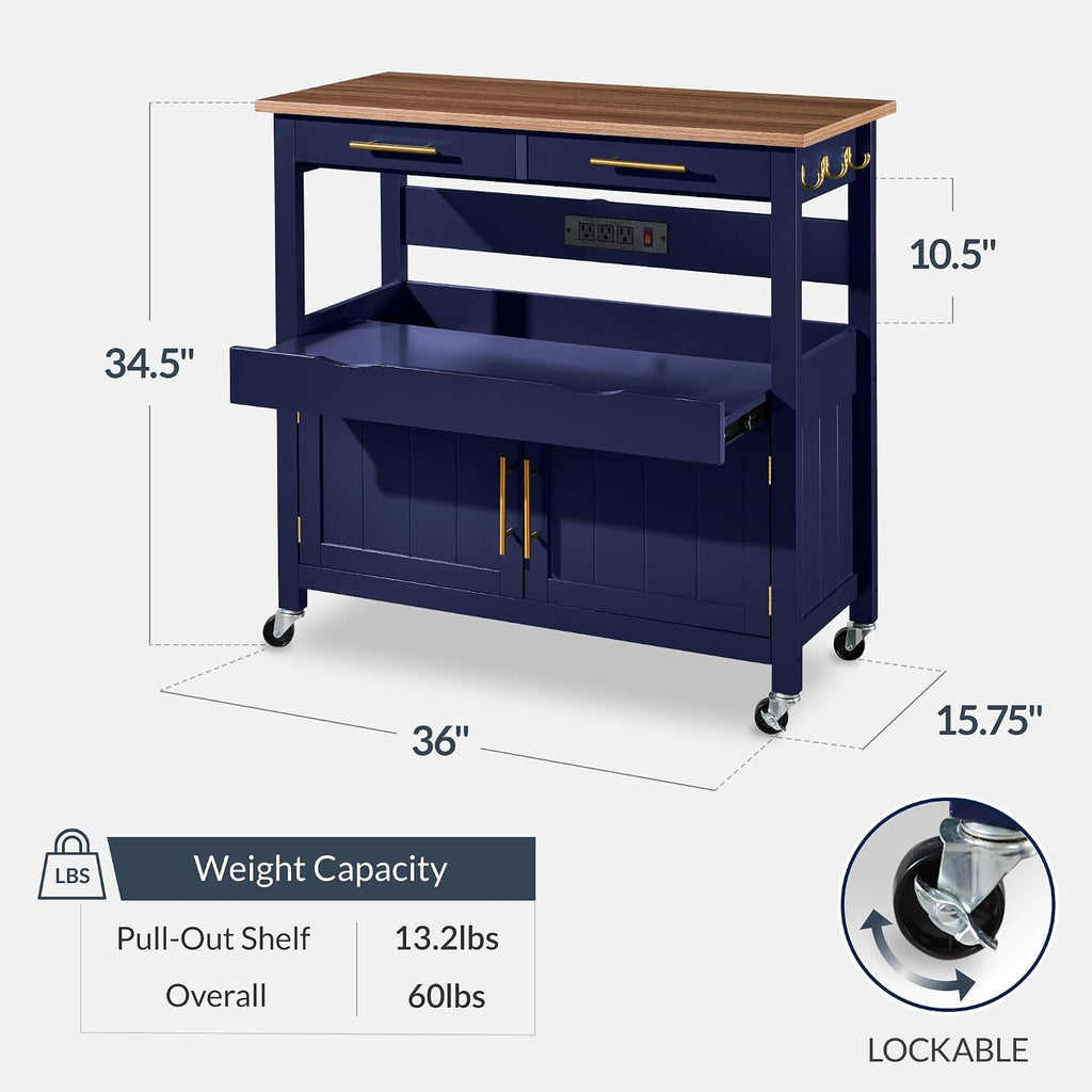 36in Midnight Blue Rolling Kitchen Island Cart