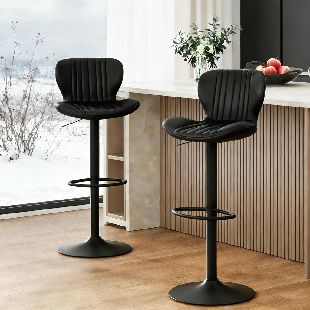 Black Adjustable Leather Bar Stools Set of 2