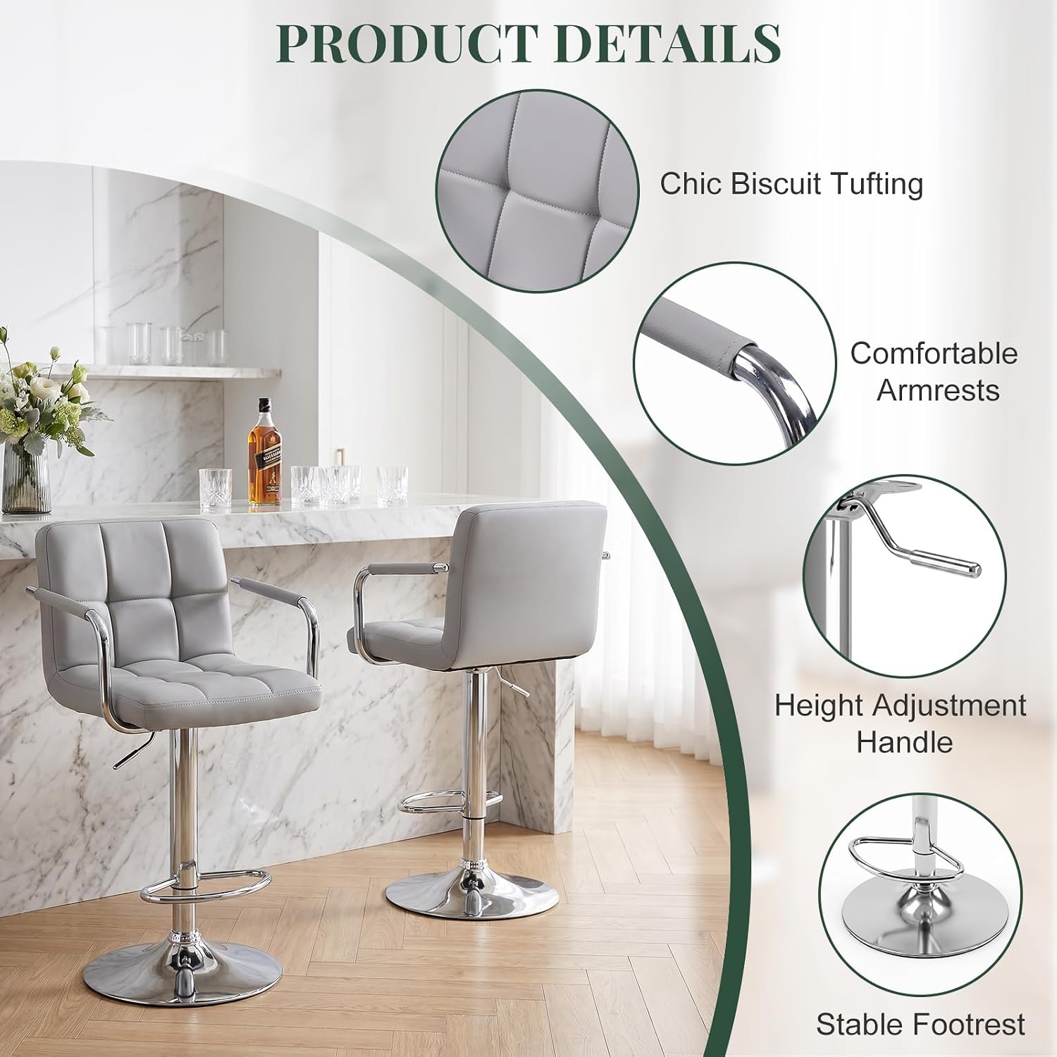 Grey Adjustable Swivel Armrest Bar Stools Set of 4