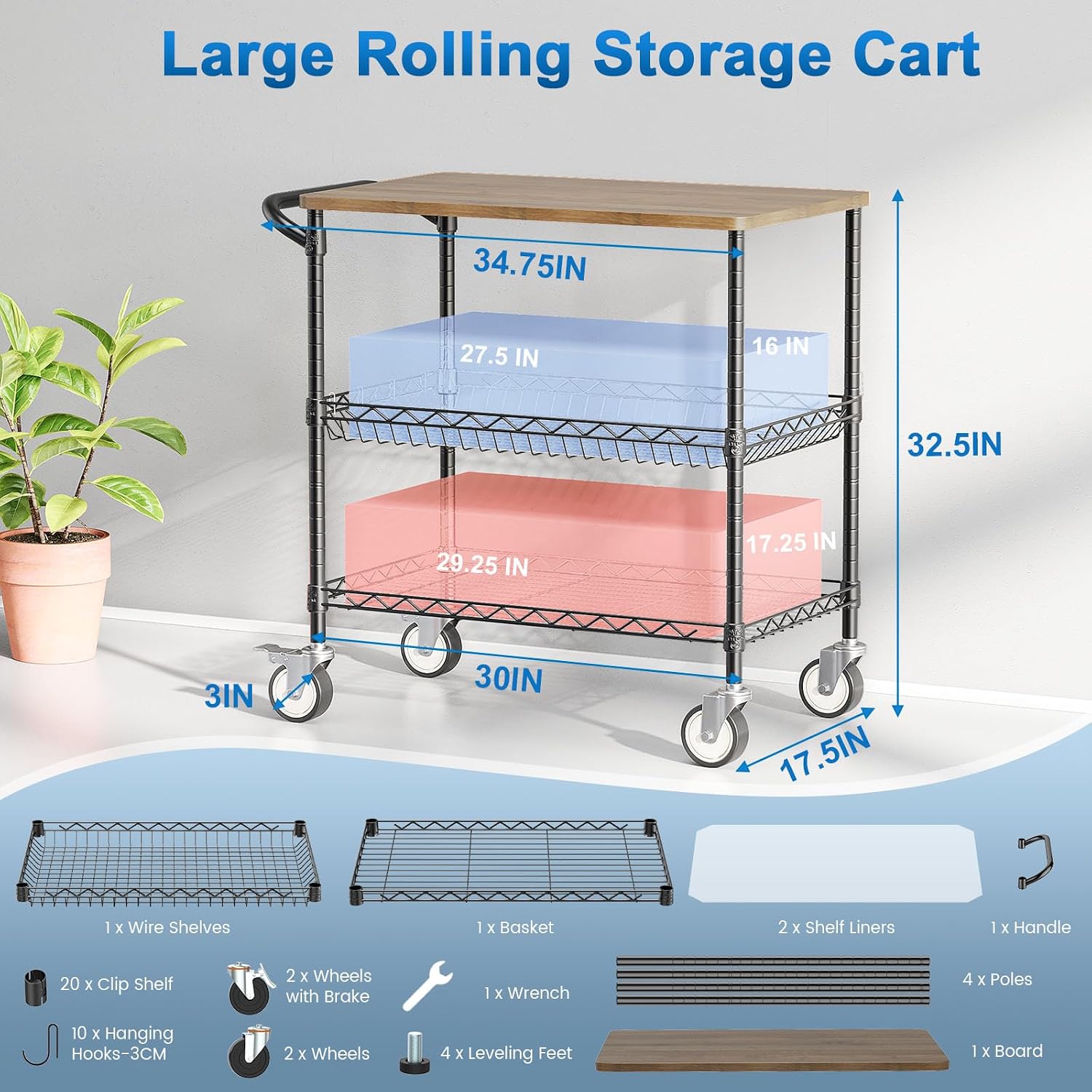 Black Wood Top Kitchen Rolling Cart