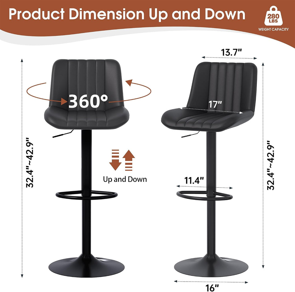 Black Adjustable Swivel Leather Bar Stools Set of 2