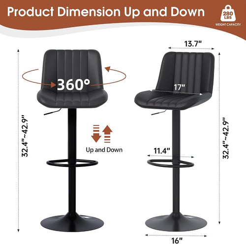 Black Adjustable Swivel Leather Bar Stools Set of 2