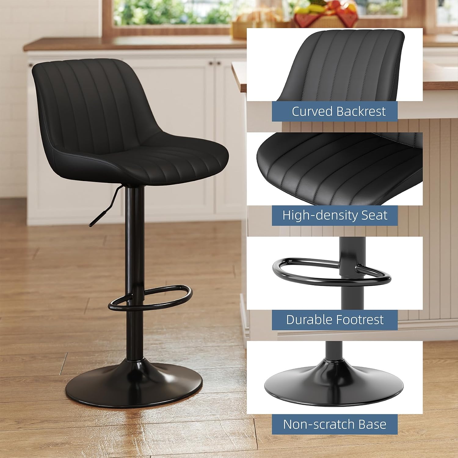 Black Adjustable Swivel PU Bar Stools Set of 3