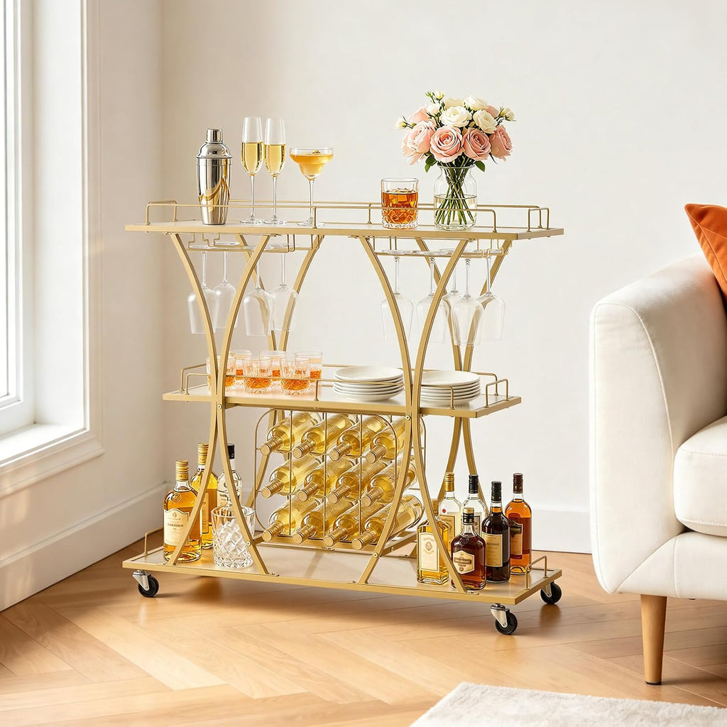 Gold Glass Rolling 3-Tier Bar Cart