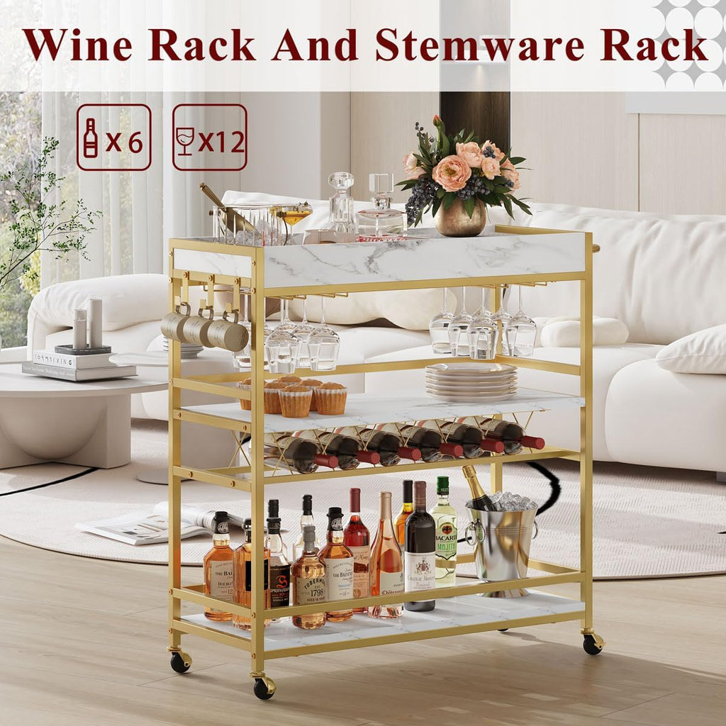 Gold Marbleized White 3-Tier Rolling Bar Cart