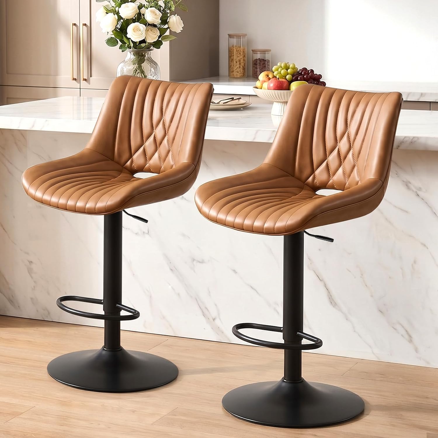 Walnut Brown Adjustable PU Bar Stools Set of 2