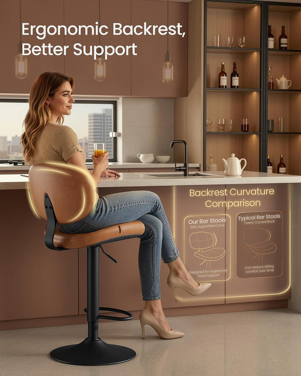 Caramel Brown Adjustable Swivel PU Bar Stools Set of 2