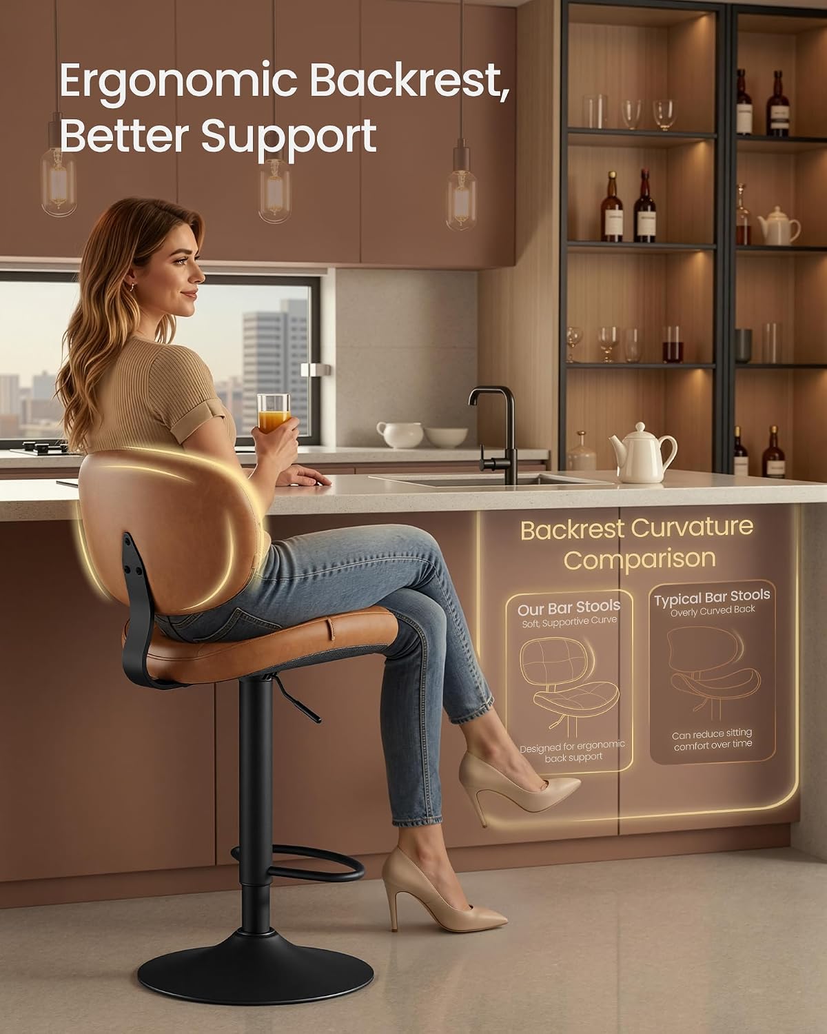 Caramel Brown Adjustable Swivel PU Bar Stools Set of 2