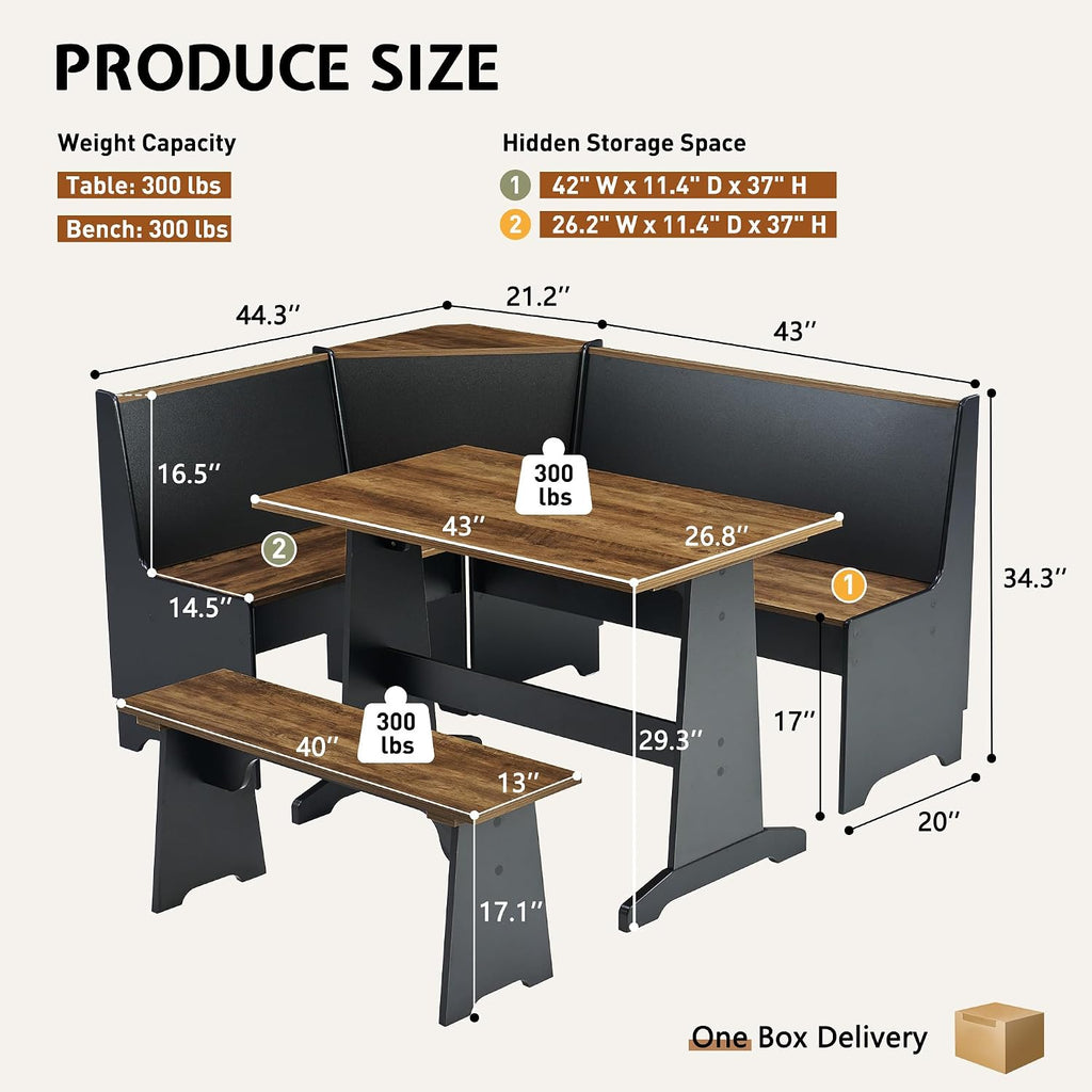 Black Oak 3pc Storage Dining Nook Set