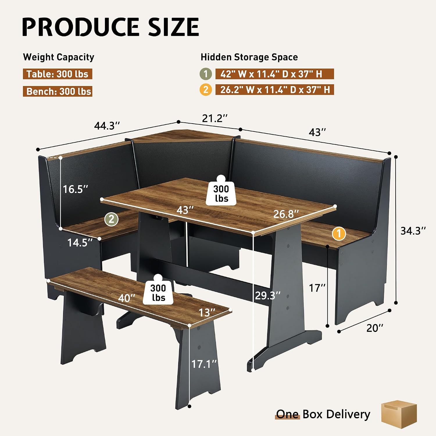 Black Oak 3pc Storage Dining Nook Set