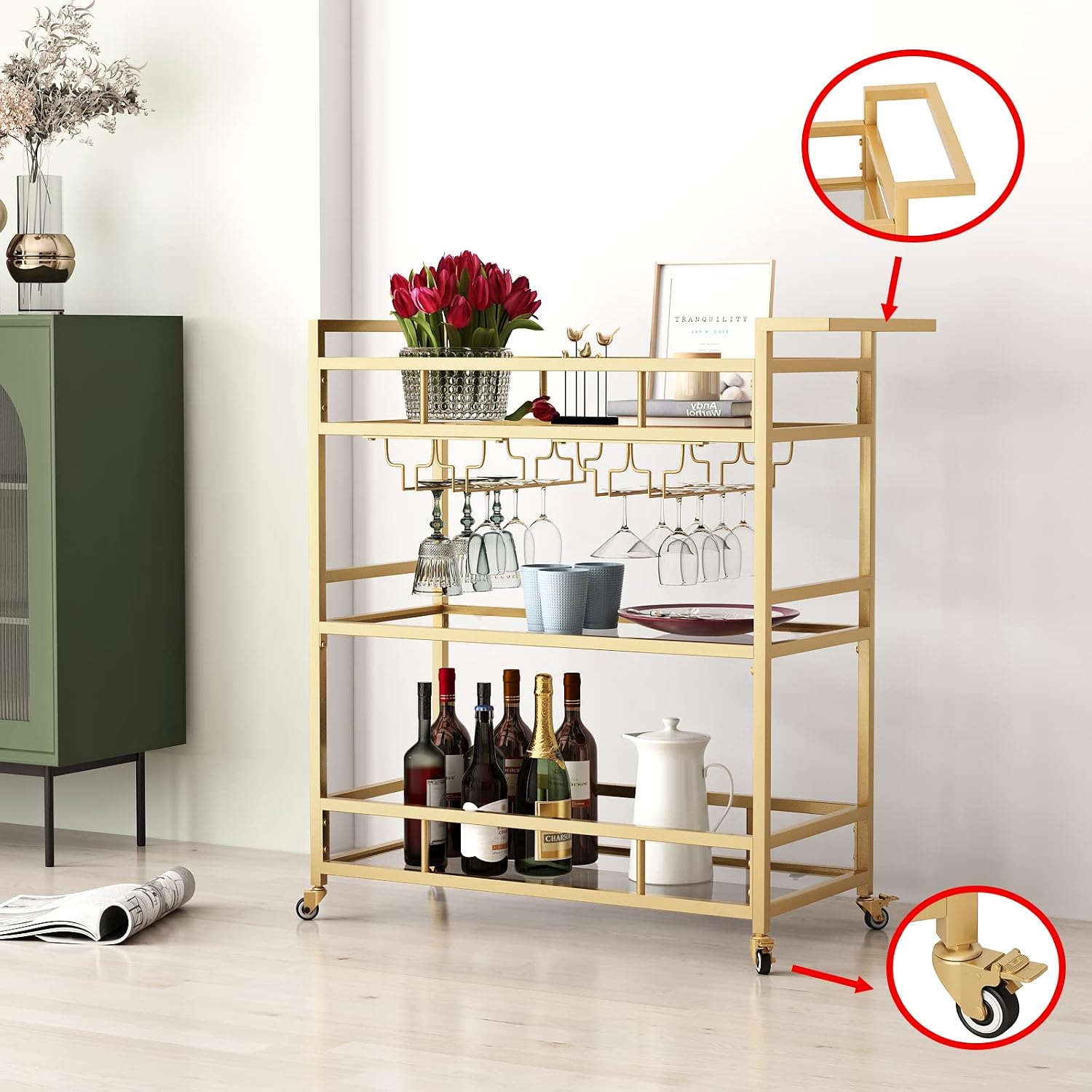 Gold Glass 3-Tier Rolling Bar Cart