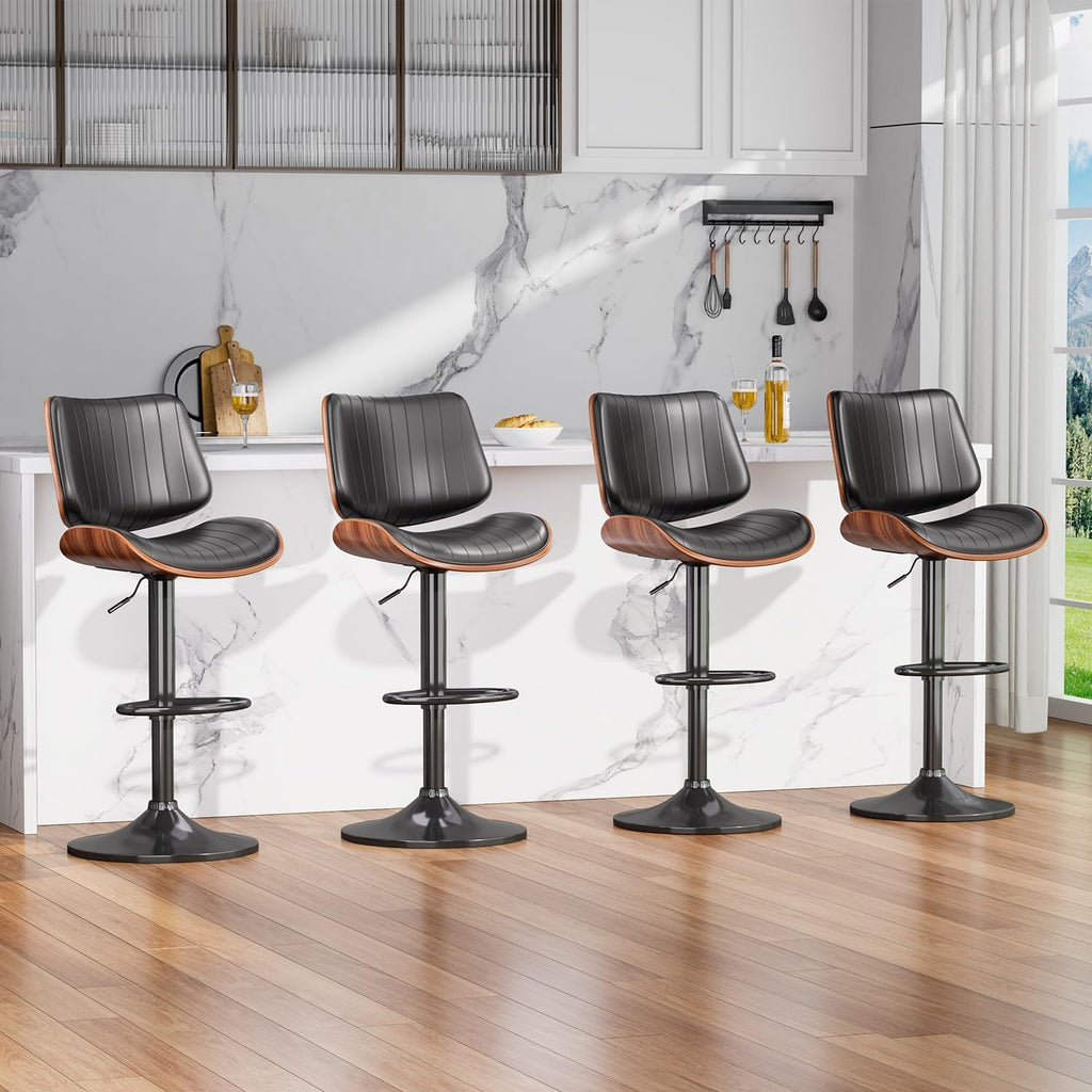 Black Adjustable Bentwood PU Bar Stools Set of 2