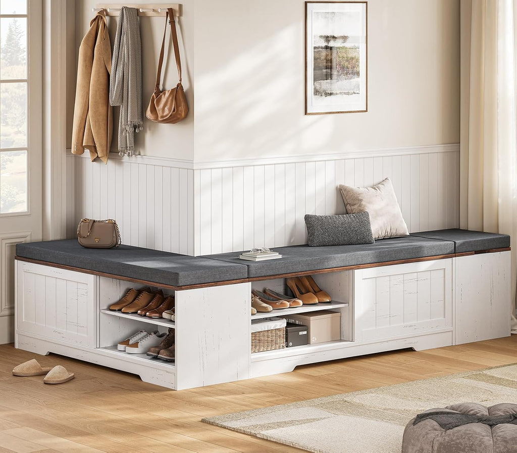 White Brown Farmhouse L-Shaped Storage Bench