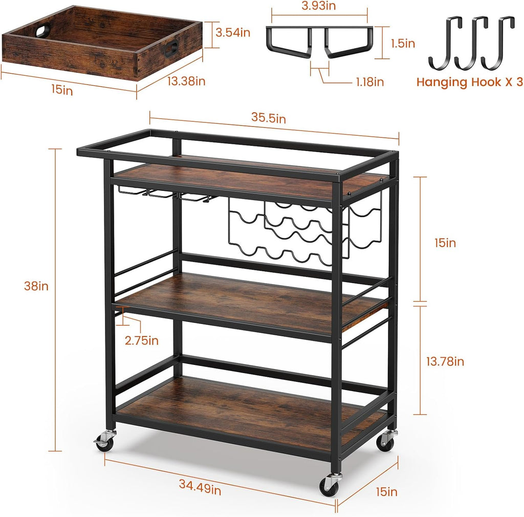 Black Brown 3-Tier Rolling Bar Cart