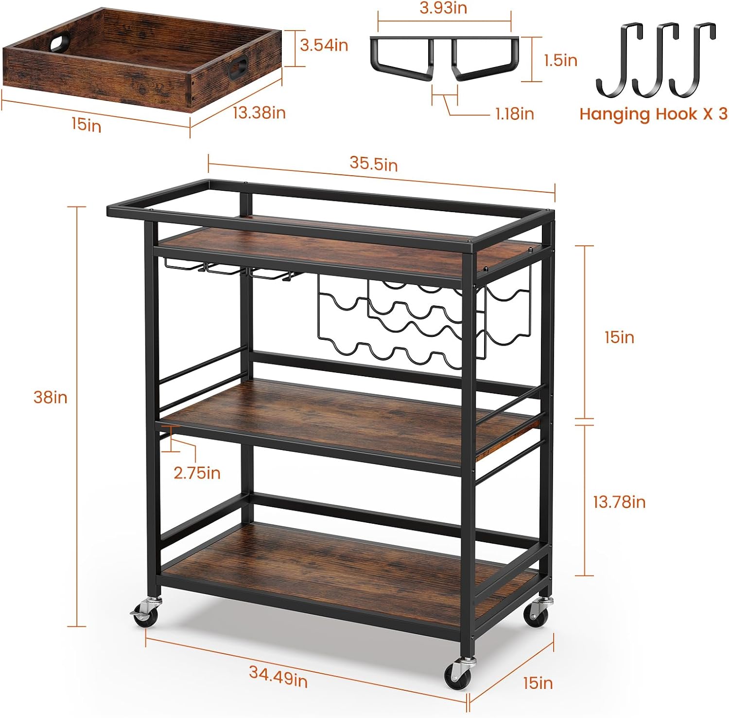Black Brown 3-Tier Rolling Bar Cart