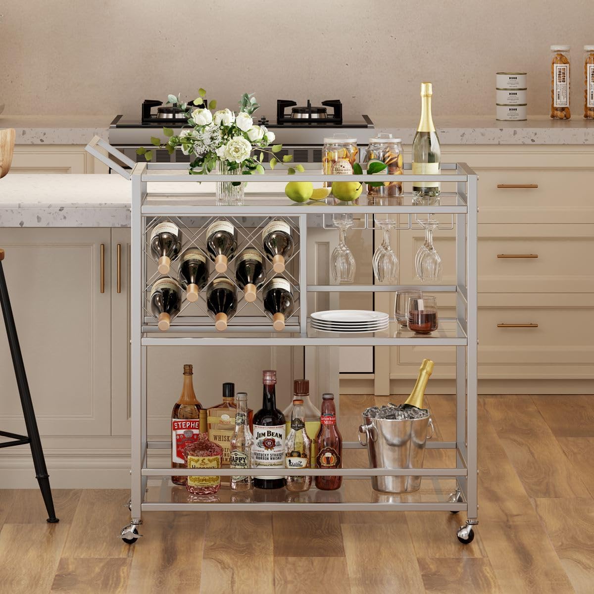 Silver Mirrored 3-Tier Rolling Bar Cart