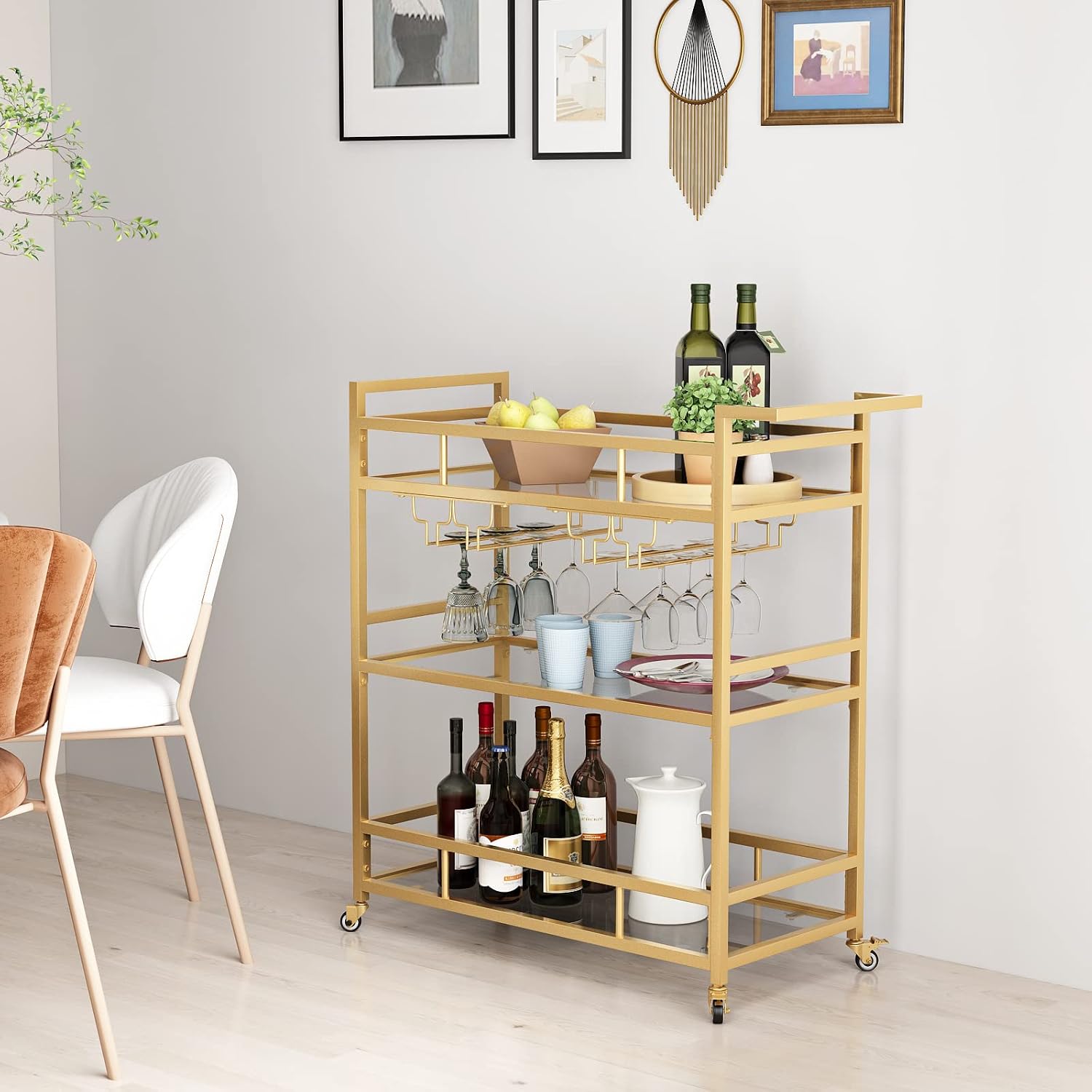Gold Glass 3-Tier Rolling Bar Cart
