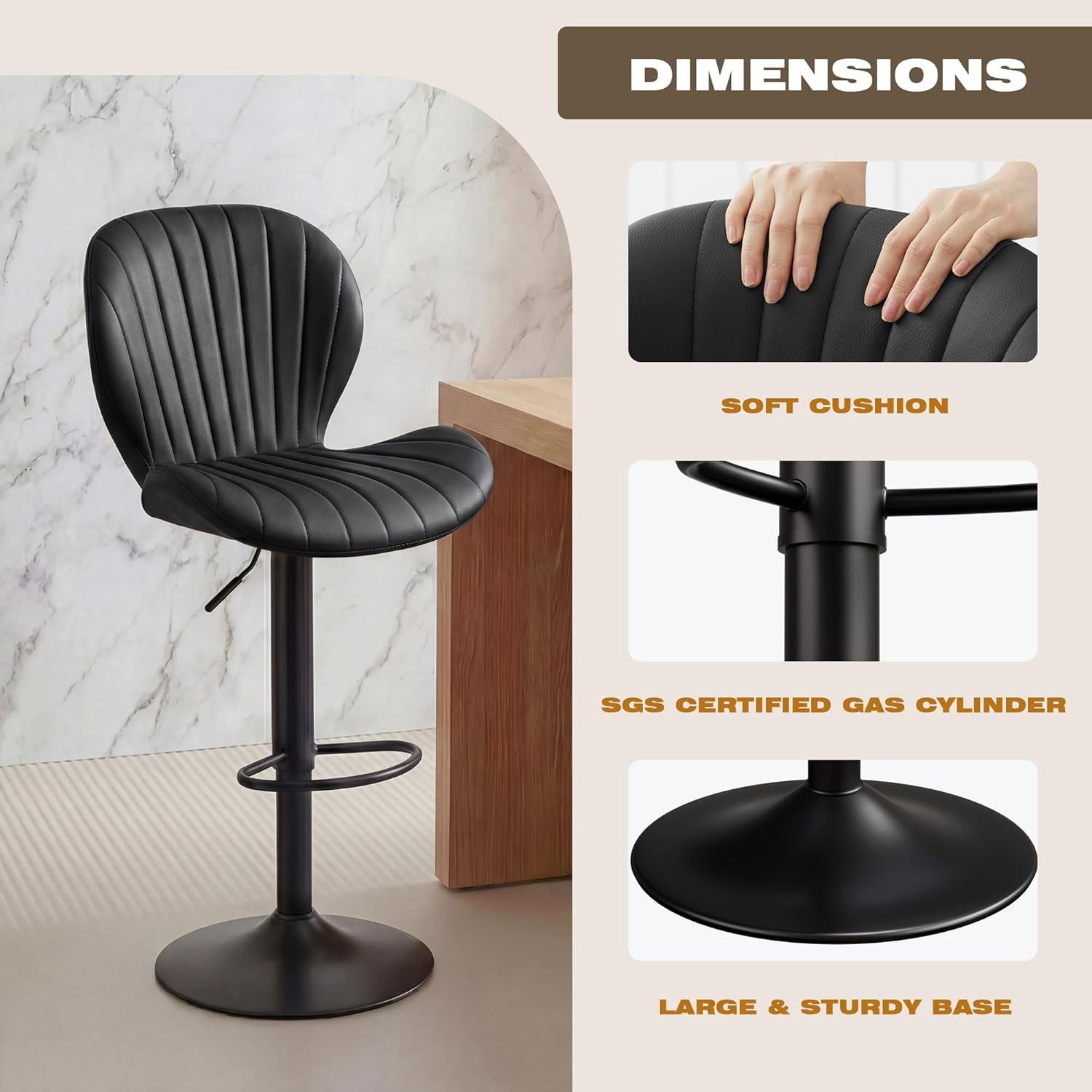 Black Adjustable Swivel Faux Leather Bar Stools Set of 2