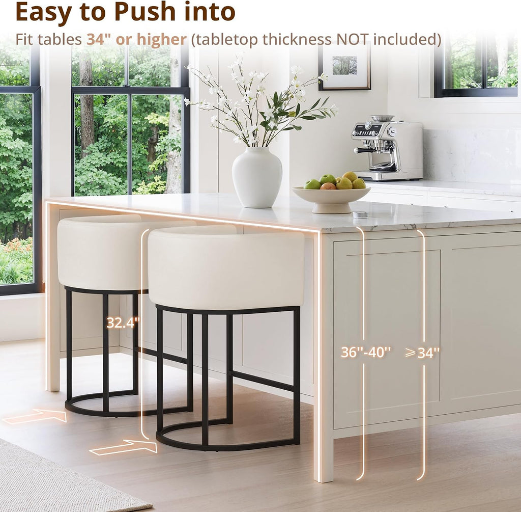 Beige Linen Barrel Counter Stools Set of 3