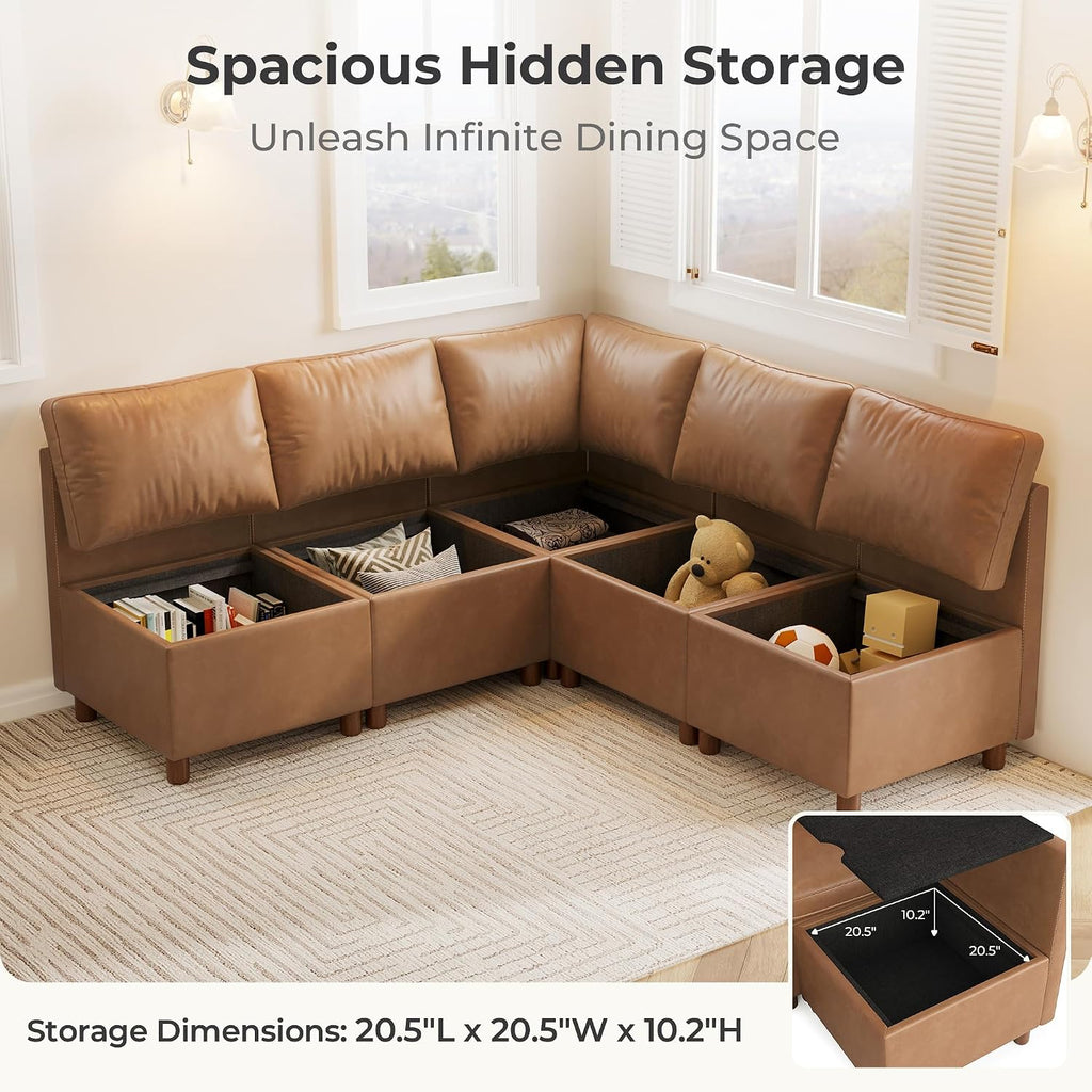 Brown Pet-Friendly Faux Leather 5-Seat L-Shaped Banquette