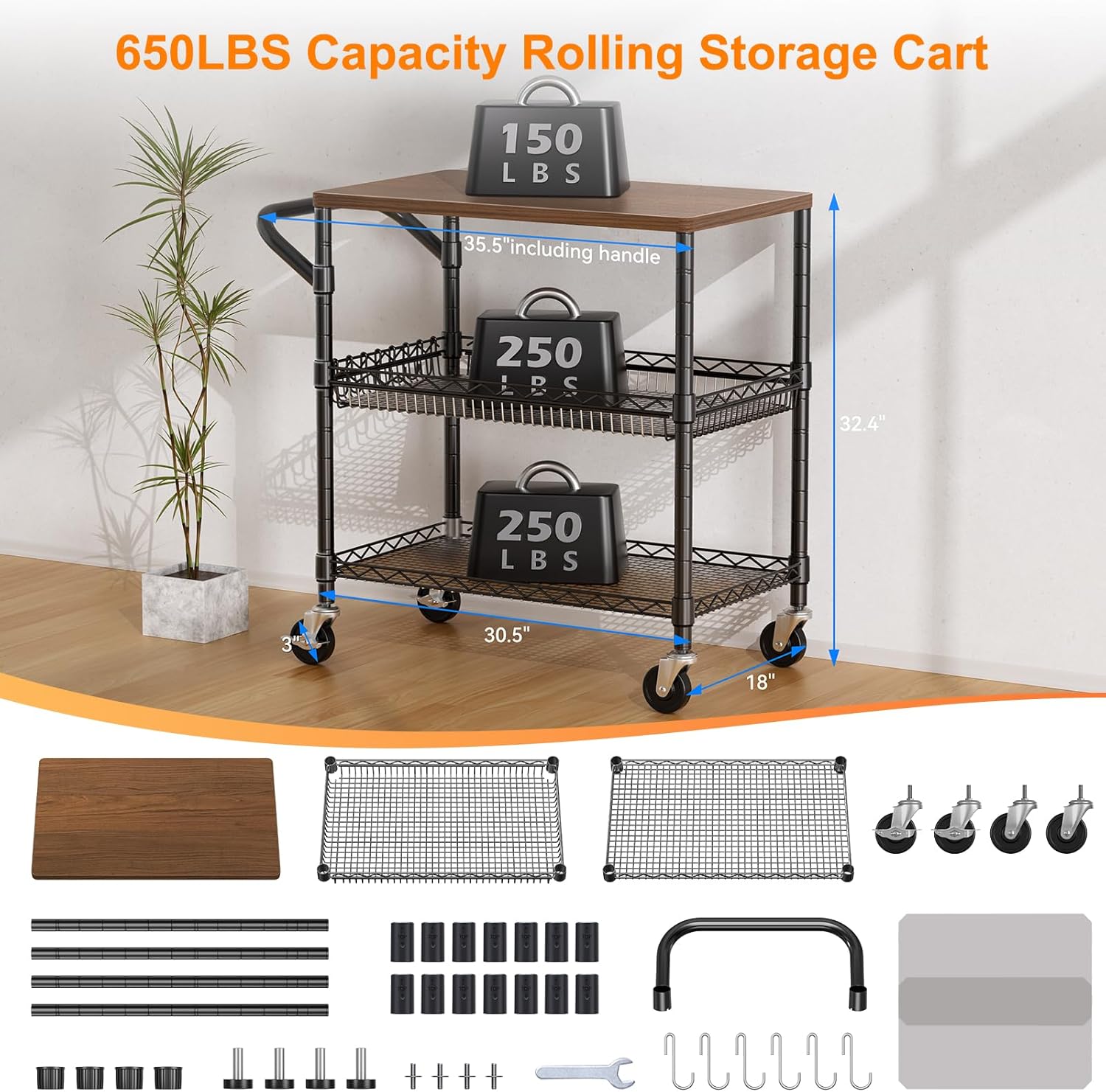 Black Wood Top Rolling Kitchen Cart